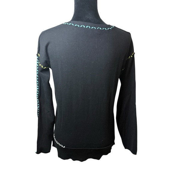 Black V-Neck Sweater with Neon Whip Stitch Trim | 100% Cotton | Sz S - Picture 4 of 6